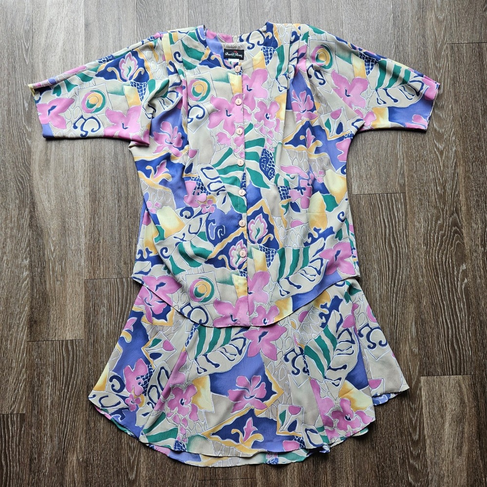 David Rose Floral Skirt Set Vintage 80s Pastel Button Up Top Plus Size 20W